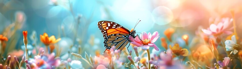 Naklejka premium colorful butterfly perched on a pink flower amidst a backdrop of orange and yellow flowers