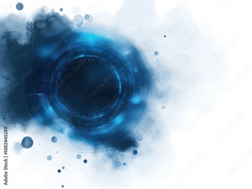 Poster Quantum computing of cryptography concept. Abstract blue digital artwork featuring a central dark circle surrounded by a blend of lighter blue hues and splashes, creating a modern and tech-inspired.