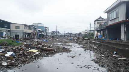 Fototapeta premium A flooded street with debris and trash