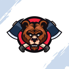 Bear Head with Crossed Axe Vector Mascot Logo