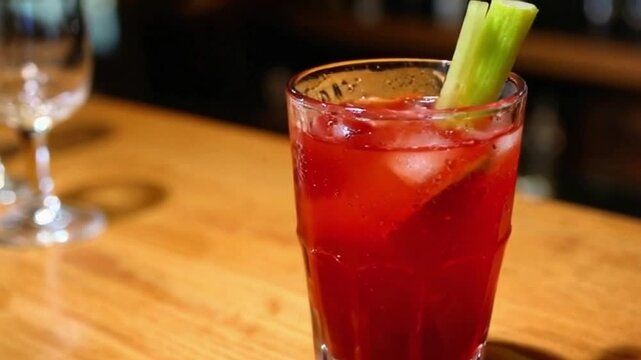 Macro shot of a Bloody Mary cocktail being served on a wooden bar counter, the rich red liquid with droplets of condensation on the glass, accompanied by a slice of lime and a stick of celery.