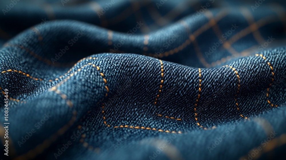 Aufkleber the fabric features a close-up of woven denim with subtle textures and orange stitching, illuminated