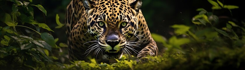 Obraz premium Jaguar Close-Up: Green Eyes Staring Through Foliage