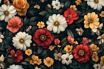 A vibrant, lush floral pattern featuring a variety of colorful flowers and leaves, creating a beautiful and organic backdrop.