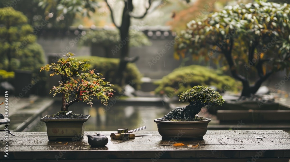 Poster a tidy bonsai cultivation setup in a serene courtyard, bonsai tools and trees neatly arranged, zen m