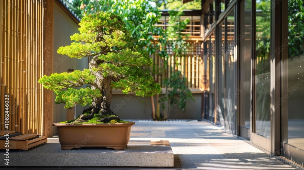 Poster A tidy bonsai cultivation setup in a serene courtyard, Bonsai tools and trees neatly arranged, Zen minimalist style