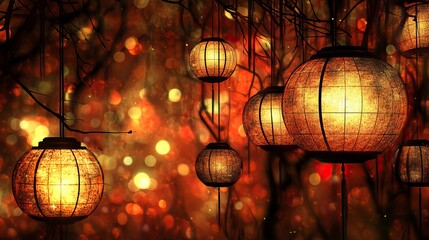Fototapeta premium Red lanterns, red background, 3D, advanced, best picture quality, bright picture. generative ai