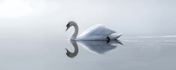 White Swan Reflecting on Calm Water in Mist