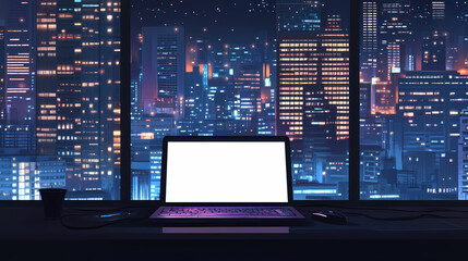 Laptop with blank screen on a table in front of a window with a city skyline at night. Futurity. Illustration