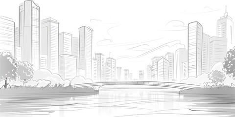 An urban sketch of a bridge over a river with cityscape in the background