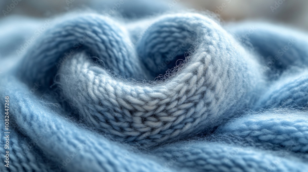 Poster the soft blue knitted fabric displays delicate patterns and textures, capturing sunlight's glow, hig