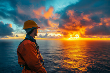 Fototapeta premium offshore drilling, oil platform worker or employee in the sunset atthe sea