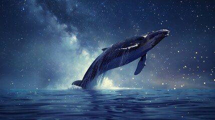 Obraz premium Whale Leaping Through the Stars: A Majestic Nighttime Scene