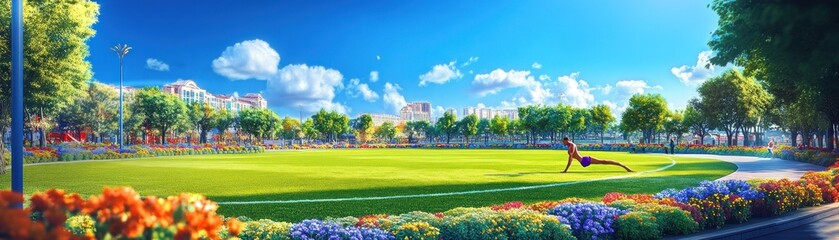 Fototapeta premium A vibrant park scene with a person stretching on a grassy field surrounded by flowers.