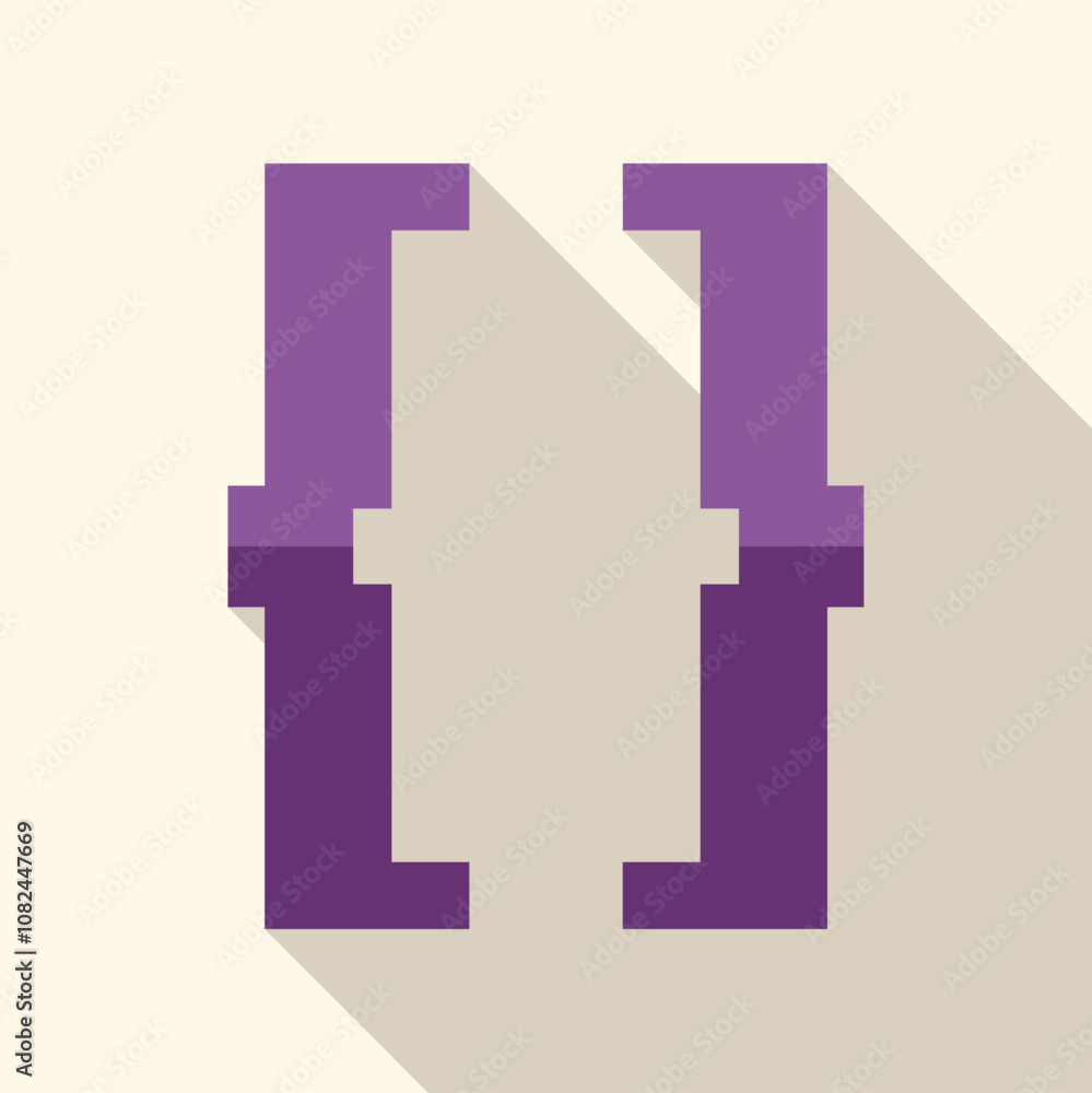 Poster purple square brackets symbol casting a long shadow on a light beige background, representing progra