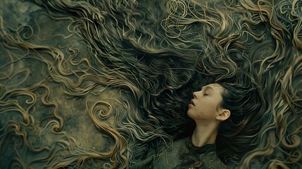 A surreal depiction of a woman with flowing hair intertwined with organic forms, evoking a mystical atmosphere.
