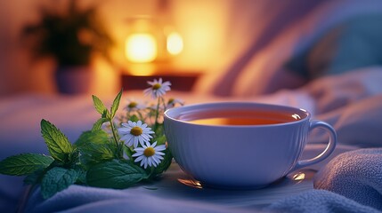 Relaxing Chamomile and Peppermint Tea on Bedside Table for Evening Calm