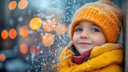 Joyful Child in Winter Garb Against Snowy Window Background