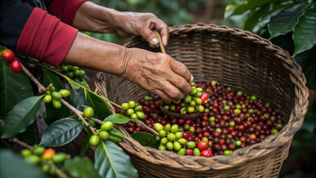 A coffee picker places fresh beans in front of a basket.
