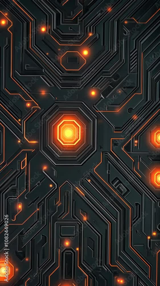 Poster a close-up view of an orange light glowing within a complex, black circuit board