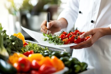 A chef arranging fresh vegetables and herbs on a plate for presentation.