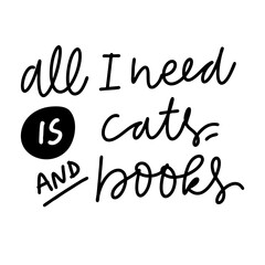 books and cats hand lettering illustration for your design.