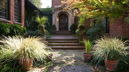 Charming entrance with lush greenery and elegant brickwork, promising a serene and inviting ambiance