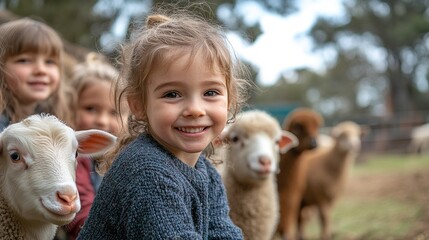 Children in a farm classroom, learning about farming techniques and animal care, engaging with nature