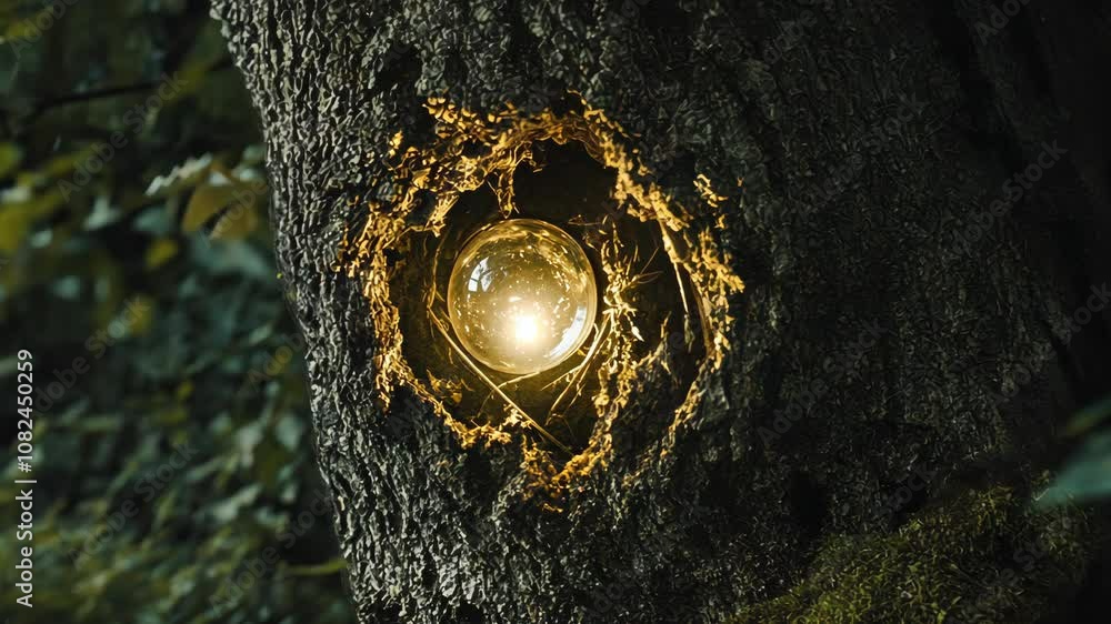 Poster a glowing orb rests inside a hollow in a tree trunk, illuminating the dark forest