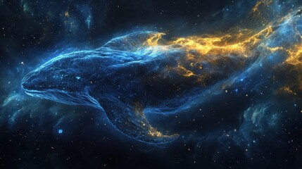 Fototapeta premium Celestial leviathan breaching dimensional veils: Interconnected star systems create a cosmic backdrop of abyssal blues and astral highlights. Perfect for spiritual and mystic themes.