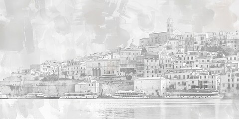 Fototapeta premium An urban sketch of a bridge over a river with cityscape in the background