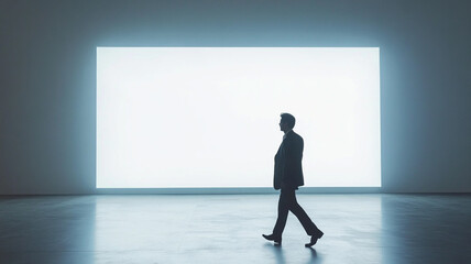 Obraz premium Businessman walking by white blank poster