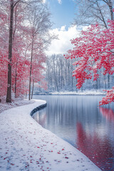 View of lake in winter with path and pink tree in a heavy snow