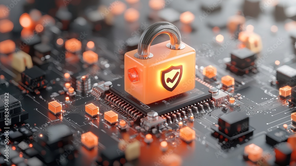 Poster digital security concept showcasing a lock over a circuit board with orange highlights representing 