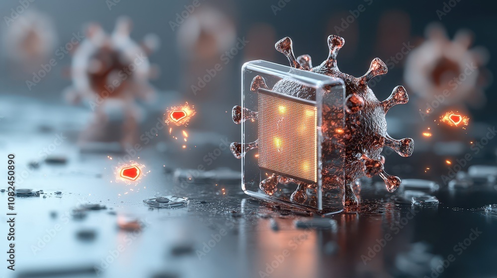 Poster detailed visualization of a digital coronavirus structure representing technological integration and