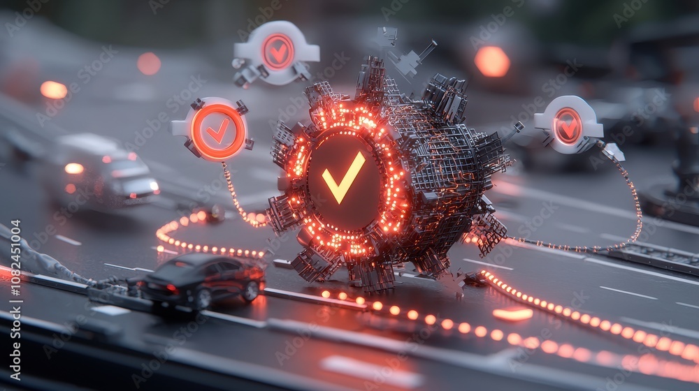 Poster futuristic traffic control system with check marks and glowing details illustrating smart city infra