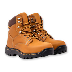 Brown leather work boots with laces isolated transparent background