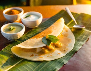 Savory Indian Dosa With Spiced Potato Filling, Accompanied by Coconut Chutney and Sambar, Presented on a Banana Leaf in a Traditional South Indian Restaurant Setting