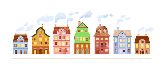 Winter street of seven colorful medieval European houses in old town on market square with smoke from chimneys. Cute vector horizontal illustration on white background for postcard, holiday greetings.