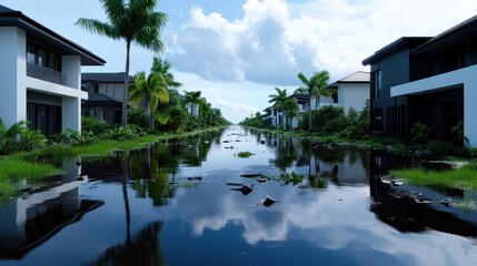 Obraz premium Serene waterway lined with modern homes and lush greenery.