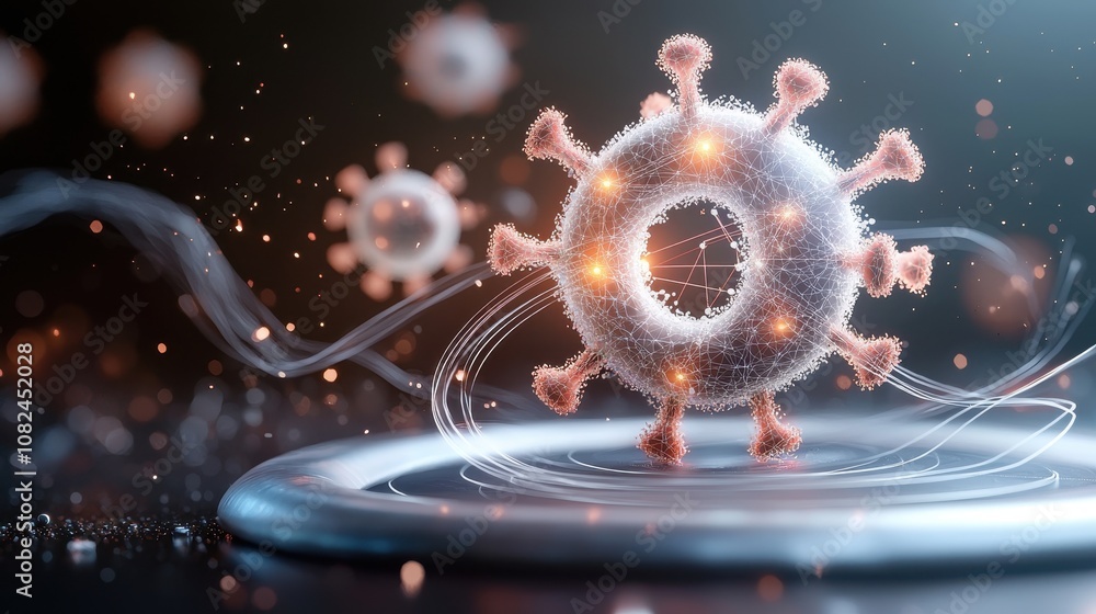 Poster 3d illustration of a virus structure with glowing features on a dark background, representing microb