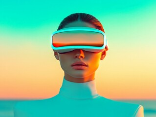 Woman in futuristic VR glasses against gradient background