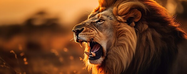 Majestic Lion Roaring at Sunset: A Powerful Wildlife Image