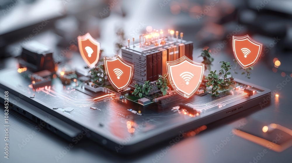 Poster futuristic technology concept of cybersecurity protection with shield icons on a laptop surrounded b