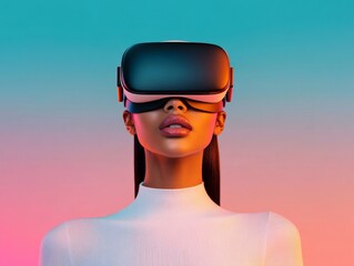 Mixed race woman in futuristic VR glasses against gradient background