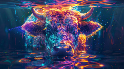 Obraz premium Vivid and mesmerizing, this digital art captures a majestic bull in brilliant neon hues as it emerges through sparkling waters. Generated AI.