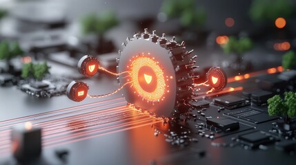 Futuristic Technology Concept with Digital Interface, Cybersecurity Elements, and Abstract Graphics in a High-Tech Environment