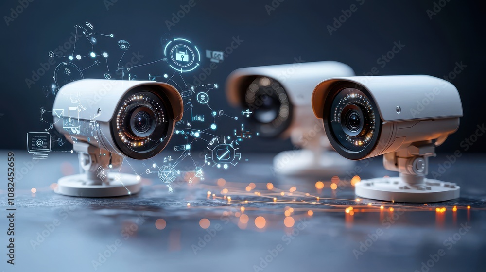 Poster advanced security monitoring system with surveillance cameras and digital data visualization for enh