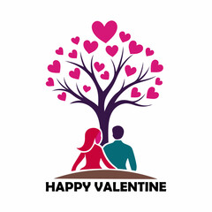 A romantic Valentine’s couple logo art illustration with a tree and love heart design art