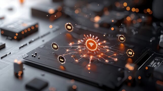 Abstract visualization of a modern technology network featuring wireless connectivity and data transfer symbols overlaid on a circuit board background in a high-tech environment